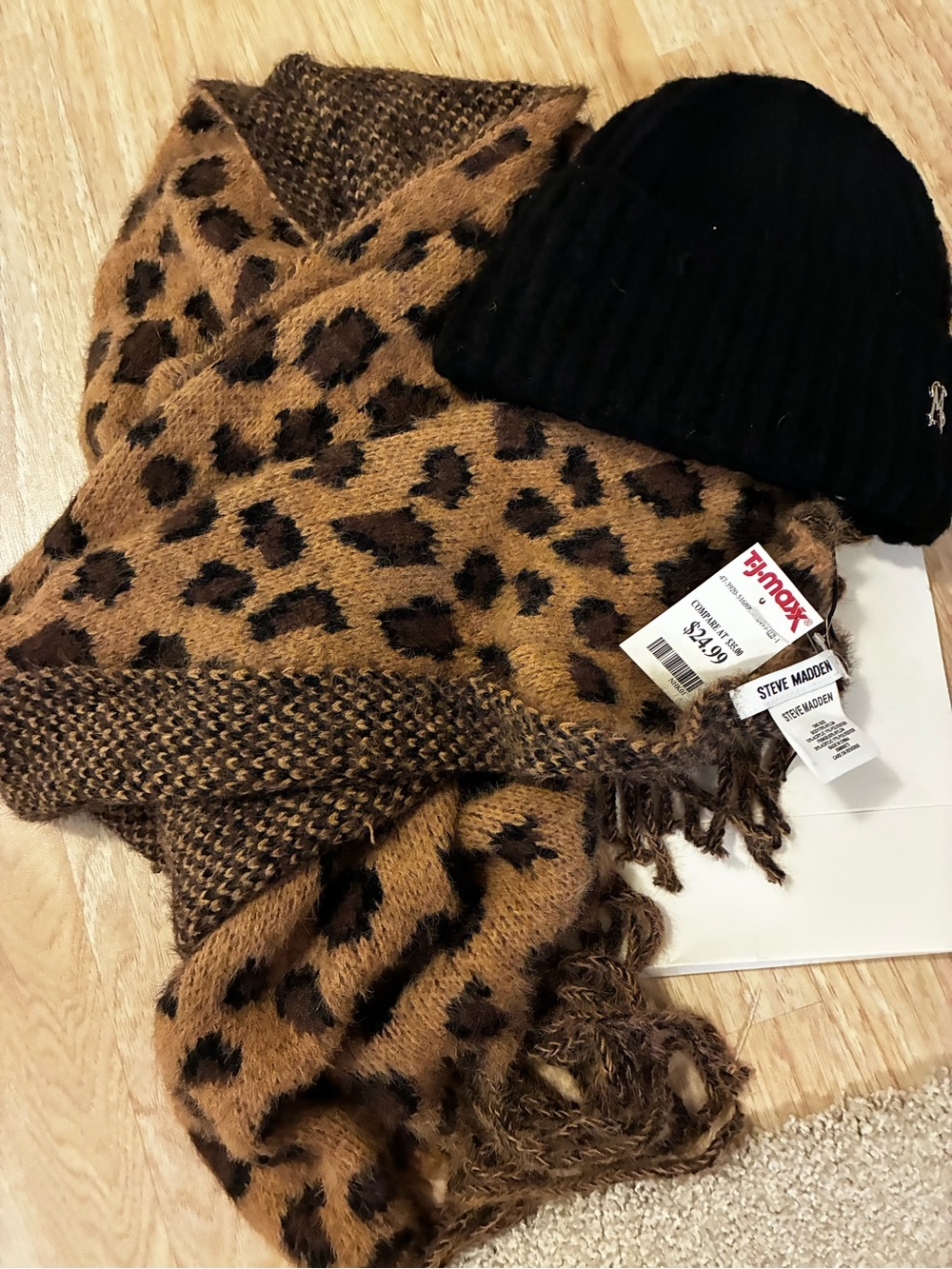 Steve Madden Black Beanie and Brown Leopard Scarf Set